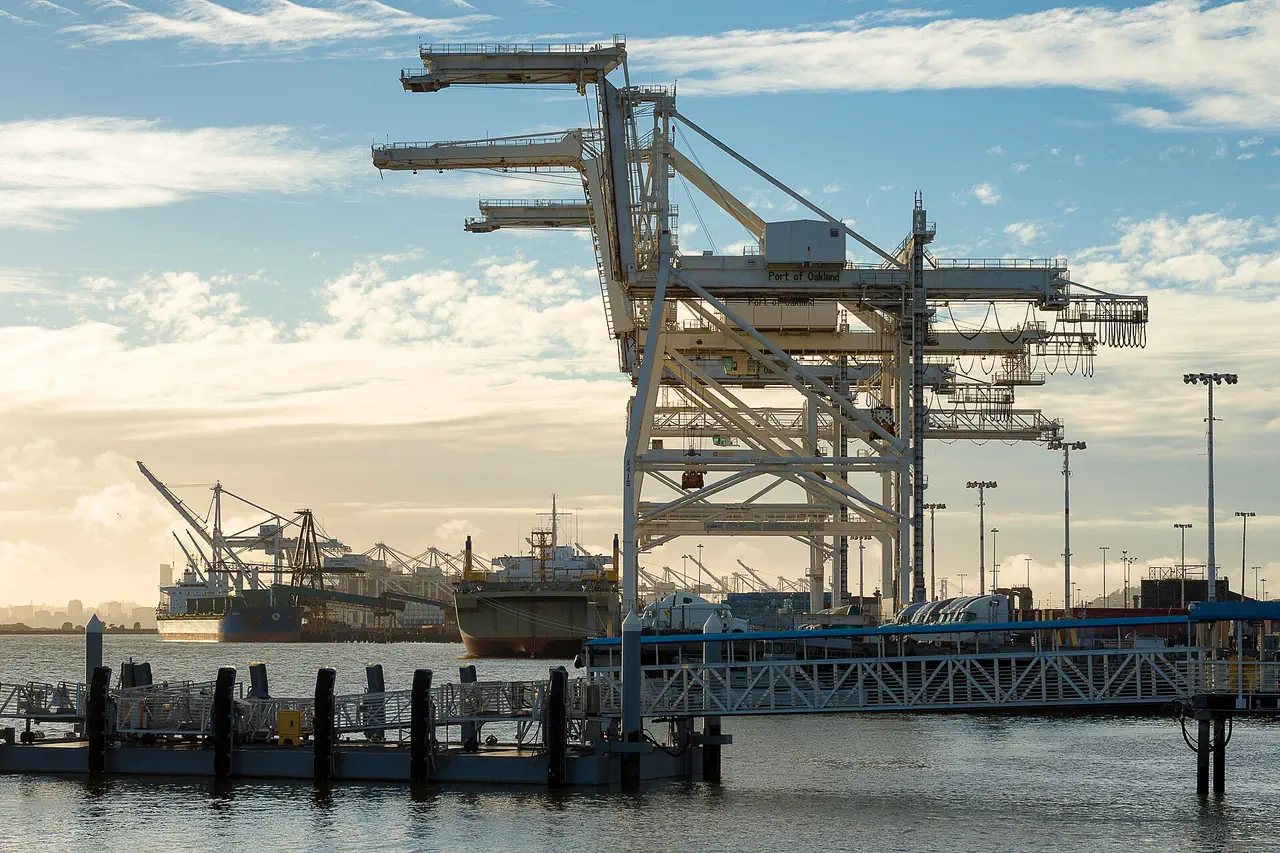 Container cranes marked Port of Oakland standing over a pier and docked ships under a partly cloudy sky.